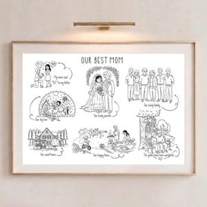 Peut inclure: Illustration en noir et blanc encadrée, intitulée "OUR BEST MOM". L'œuvre représente divers événements de la vie, dont une demande en mariage, un mariage, une famille et une maison, avec des bulles de texte manuscrites. Le thème général est la famille et l'amour.