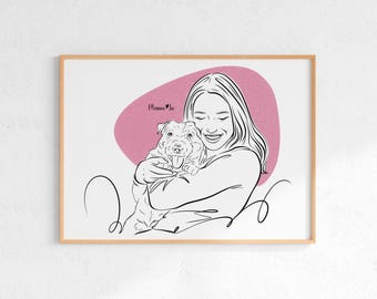 Custom Pet Lovers Portrait, Hand Drawn Minimalist Family Line Art Illustration