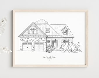 カスタム住宅肖像画、パーソナライズされた建物の図面、ミニマルな手描き住宅イラスト