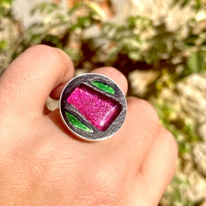 Mosaic modern magenta rose green adjustable big round Ring Bright colorful jewelry