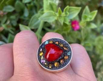 Large round red heart mosaic adjustable ring