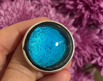 Oversized Blue lake teal big round adjustable art glass Ring