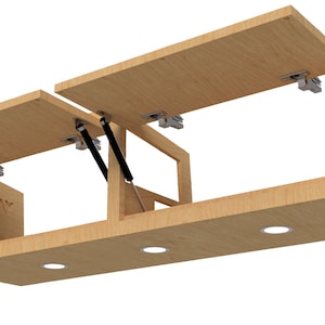 May include: A light wood-toned wall-mounted cabinet with two lift-up doors. The cabinet has three recessed lights and is open, revealing the interior. The doors are supported by black gas struts and silver hinges.