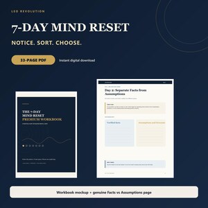 May include: A 33-page PDF workbook titled 7-Day Mind Reset, featuring a dark blue cover with white text and a separate page layout titled Day 2: Separate Facts from Assumptions, which includes sections for verified facts and assumptions.