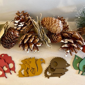 May include: A selection of autumn-themed wooden decorations. Features brown pine cones, red and green leaf shapes, a squirrel, and a hedgehog. The cutouts are in shades of brown, red, and green, with a garland of leaves and berries in the background.