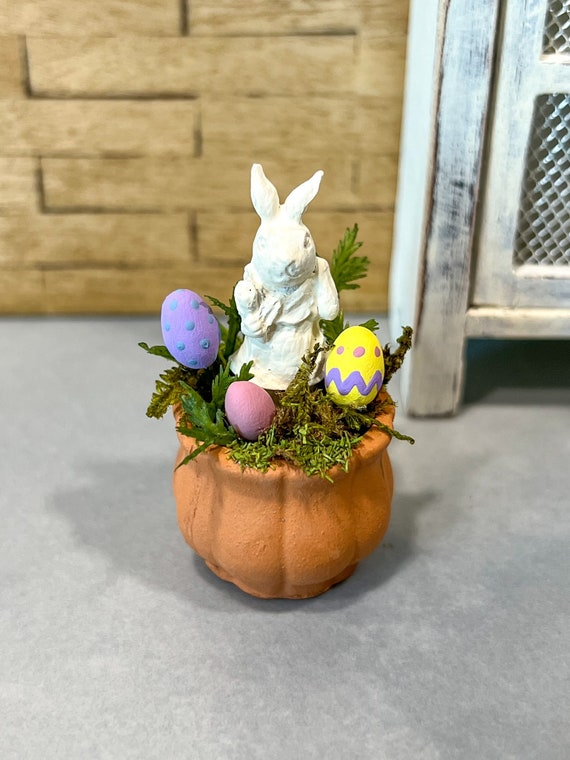Miniature Easter bunny basket with Spring flowers and Easter eggs for 1:12 scale dollhouse