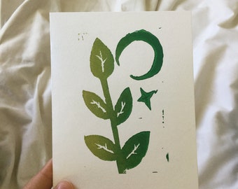 Leaf and Moon Card - Hand-pressed lino-cut print - 2.75x4.25 - Multi-color Green