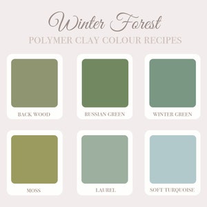 Könnte beinhalten: Eine Karte mit sechs Farbmustern, die verschiedene Grüntöne und Blautöne zeigen. Die Farben sind mit "Back Wood", "Russian Green", "Winter Green", "Moss", "Laurel" und "Soft Turquoise" beschriftet. Die Karte trägt den Titel "Winter Forest Polymer Clay Colour Recipes".