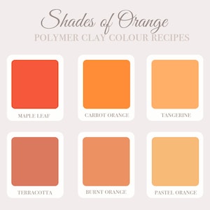 Puede incluir: Un gráfico que muestra seis tonos diferentes de naranja con los nombres "Hoja de arce", "Naranja de zanahoria", "Mandarina", "Terracota", "Naranja quemado" y "Naranja pastel" escritos debajo de cada muestra de color.