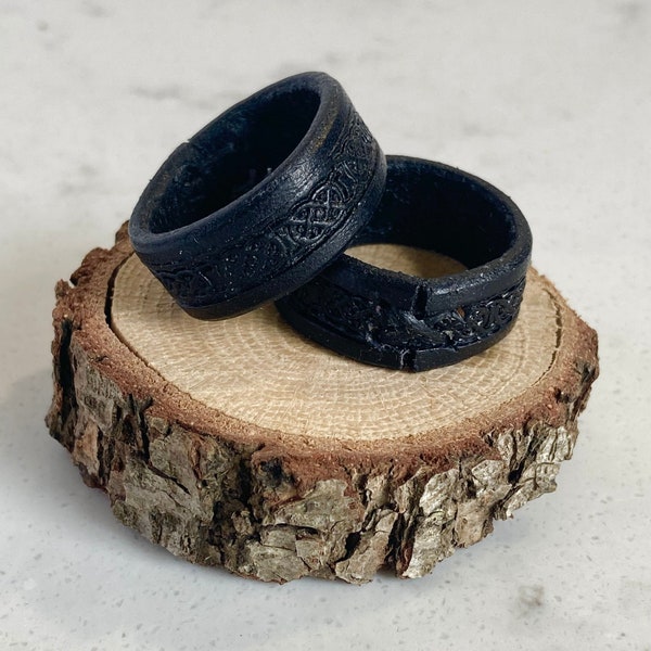 Handcrafted Black Leather Ring with Celtic Knot Embossed Design - Unique and Stylish Perfect Third Wedding Anniversary Gift