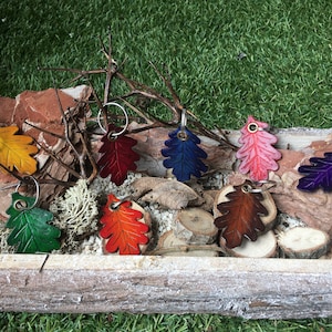 May include: A collection of colorful, leaf-shaped keychains. Each keychain is a different color, including yellow, red, blue, pink, purple, green, and orange. They are arranged in a wooden box with natural elements like bark and small wood slices.