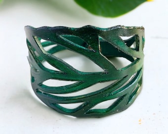 Handcrafted Deep Green Leather Leaf Cuff Bracelet - Perfect Christmas 3rd wedding anniversary gift