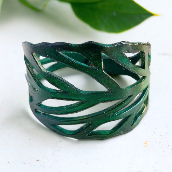 Handcrafted Deep Green Leather Leaf Cuff Bracelet - Perfect Christmas 3rd wedding anniversary gift