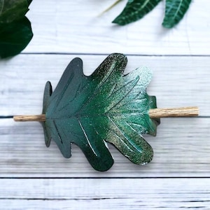 Forest Luxe: Handcrafted Dark Green Leather Oak Leaf Hair Barrette