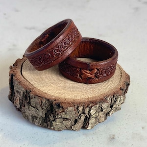 Handcrafted Rich Brown Leather Ring With Celtic Knot Design  - Unique Statement Jewellery Or Third Wedding Anniversary Gift