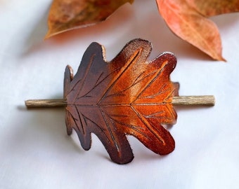 Golden Glow: Handcrafted Light Brown Leather Oak Leaf Barrette - Christmas Sticking Filler Gift