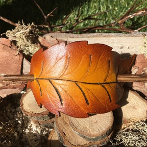 Genuine handmade leather leaf hair barrette with wooden slide