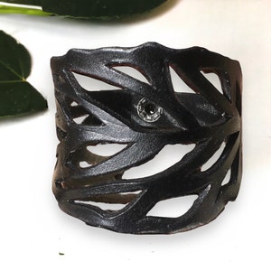 Handcrafted Black Leather Leaf Cuff Bracelet - perfect Christmas 3rd wedding anniversary gift