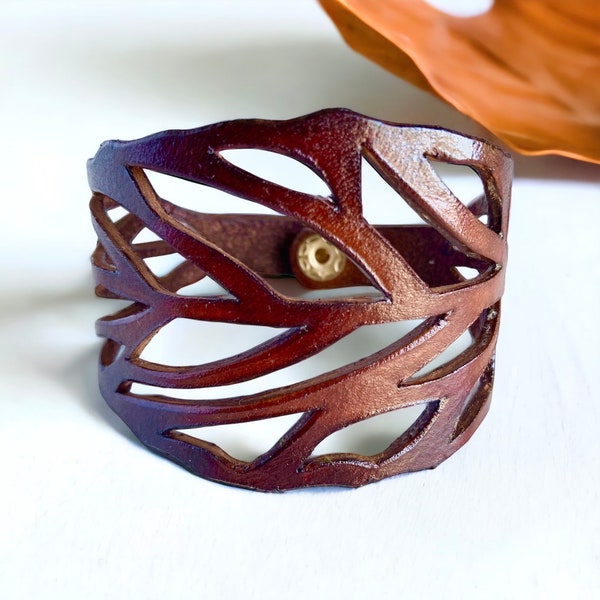 Handmade Rich Brown Leather Leaf Cuff Bracelet: Earthly Elegance - Christmas gift 3rd wedding anniversary
