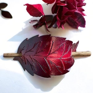 Crimson Elegance: Handcrafted Butgandy Leather Fantasy Leaf Hair Barrette with wooden slide