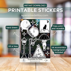 Stickers numériques Fantasy cottagecore poems en noir et blanc | pour machine de découpe Cricut, chat, lune et lampadaires | Pour la journalisation