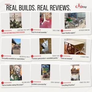Collage of CADtsy customer build photos and reviews for completed CNC projects