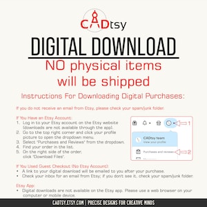 CADtsy digital download guide: Easy steps to download Etsy purchases from desktop or mobile browser, with instructions on accessing files via email and Etsy account purchases page. Ideal for new Etsy customers.