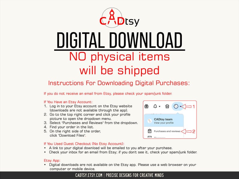 CADtsy digital download guide: Easy steps to download Etsy purchases from desktop or mobile browser, with instructions on accessing files via email and Etsy account purchases page. Ideal for new Etsy customers.