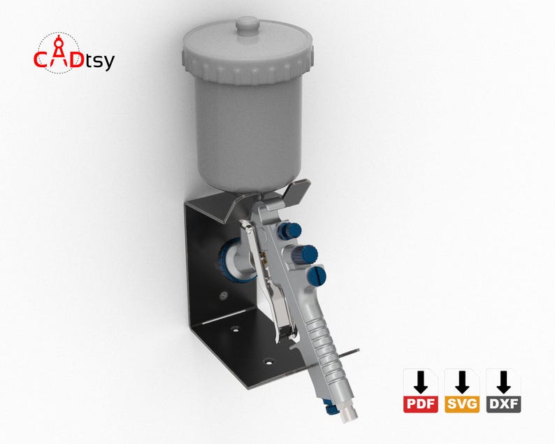A side view of the paint gun stand in use, holding a spray gun on a wall.