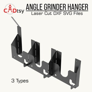 Suporte para esmerilhadeira angular, lima de corte CNC DXF. Suporte para esmerilhadeira, corte a plasma/laser CNC, lima DXF. Organizador de ferramentas de parede para oficina (3 tipos).