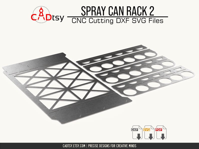 The flat-pack layout of the sheet metal pieces for the stackable spray paint holder, showing the laser cut metal template.