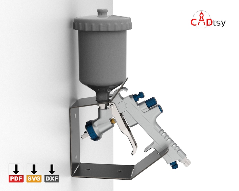 A front-facing view of the wall mount rack with a spray gun, a DIY toolbox organizer project.