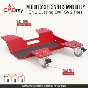Könnte beinhalten: Ein roter Motorrad-Mittelständer-Dolly mit schwarzen Akzenten und Rollen. Das Bild enthält den Text "MOTORCYCLE CENTER STAND DOLLY" und "CNC Cutting DXF SVG Files". Das Design beinhaltet Biegepläne und ist bei Amazon erhältlich.