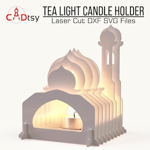 May include: White wooden tea light candle holder shaped like a mosque with intricate details. Laser cut DXF SVG files.