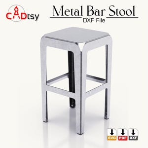 Puede incluir: Un taburete de bar de metal plateado con un asiento cuadrado y un diseño simple y moderno. Archivo DXF.