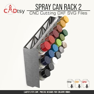 A side profile of the loaded spray paint rack, highlighting the angled shelves for easy can access.