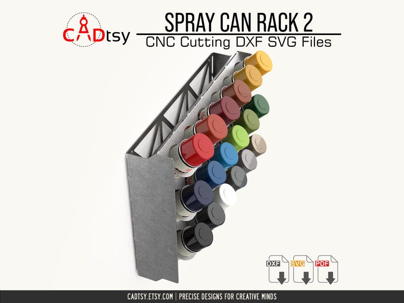 A side profile of the loaded spray paint rack, highlighting the angled shelves for easy can access.