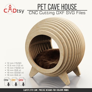 Pet House SVG DXF-snijbestanden. Parametrische houten grotkattenhuisplannen DXF-bestanden voor cnc-router. Stijlvol bol huisdiermeubilair svg