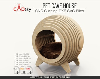 May include: A wooden pet cave house with a rounded top and a circular opening. The house is made of multiple layers of wood, creating a striped pattern. The house has four legs and is designed for CNC cutting. The image includes the text "PET CAVE HOUSE" and "CNC Cutting DXF SVG Files".