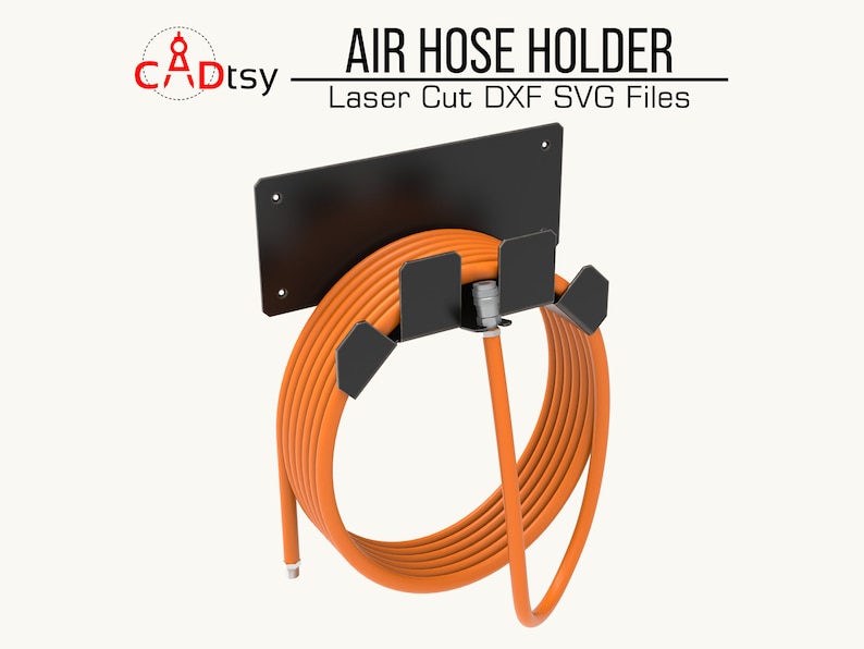 Wall-mounted heavy-duty metal rack holding an air hose and extension cord, fabricated using plasma dxf files for garage organization.