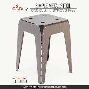 May include: A simple metal stool with a square seat and four angled legs. The stool is made of gray metal and has visible rivets along the edges. The text "SIMPLE METAL STOOL" and "CNC Cutting DXF SVG Files" is displayed.
