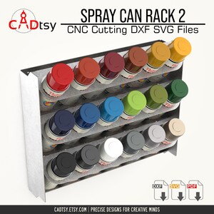 An angled view of the fully loaded spray can rack, showcasing its capacity as a garage storage solution.