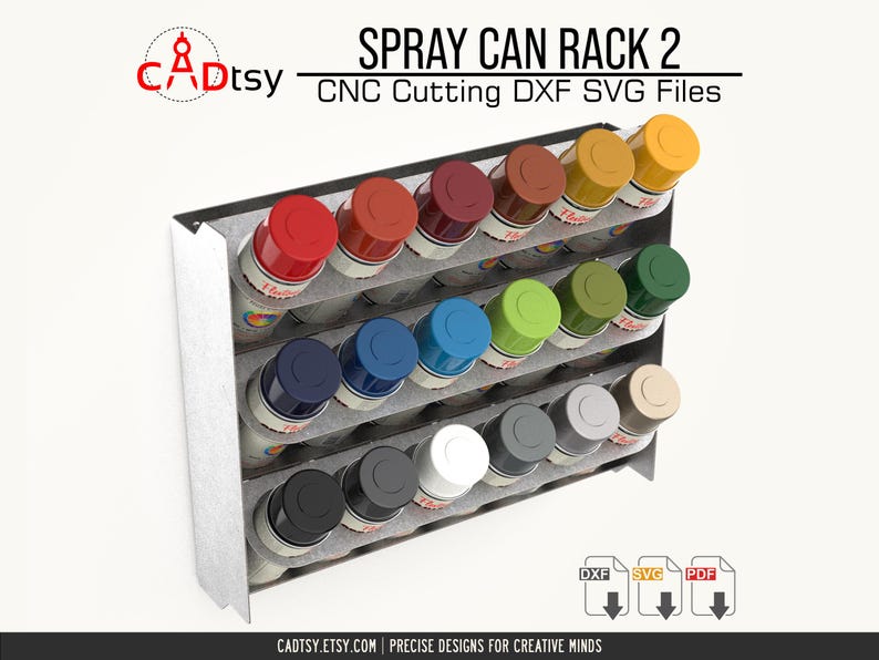 An angled view of the fully loaded spray can rack, showcasing its capacity as a garage storage solution.