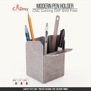 Pode incluir: Um porta-canetas moderno cinza com um design retangular. O suporte contém um lápis, uma caneta, uma régua e um marcador. O texto "MODERN PEN HOLDER" e "CNC Cutting DXF SVG Files" são visíveis. O nome da loja Etsy também é exibido.