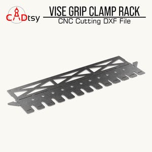 The single flat-pack metal piece for the clamp rack, showing the precision cutting design from the DIY organization CAD file.