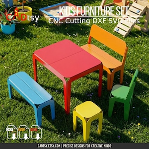 Kids Metal Furniture Bundle DXF Files for Plasma Cutting. Outdoor Table, Bench, Stool Set