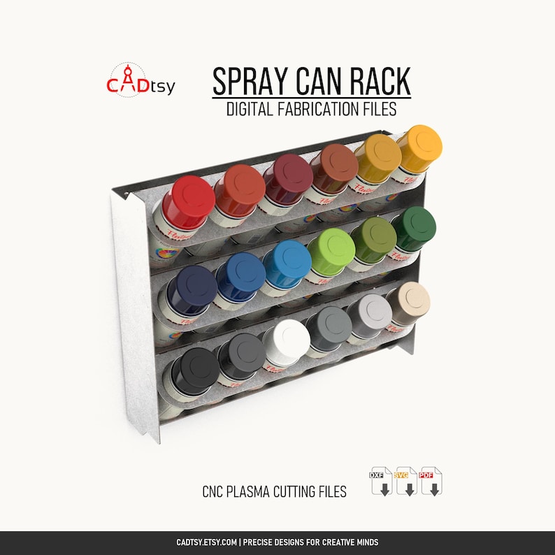 Stackable Spray Can Rack finished-product illustration for CADtsy digital CNC cutting files; no physical item is shipped.