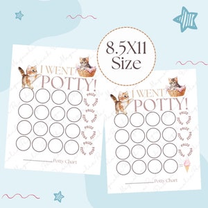 Puede incluir: Dos tablas de entrenamiento para ir al baño de 21,6 x 27,9 cm con un tema de gatitos. Cada tabla presenta una ilustración de gatito, el texto "I WENT POTTY!" y círculos para el seguimiento del progreso. Incluye una sección de premios y un helado.