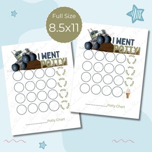 May include: Two white 8.5x11 inch potty training charts. Each chart features a green monster truck graphic and the text "I WENT POTTY!" with circles for tracking progress. Includes a prize section and space for a name.