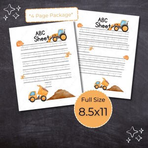 Op de afbeelding: Een printbaar pakket van 4 pagina's met ABC-oefenbladen om te traceren met een gele bouwtruck en een bruine hoop aarde. Elke pagina heeft een stippellijn om de letters van het alfabet te traceren.